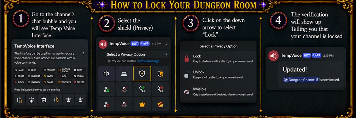 How to lock your dungeon room, in four steps: 1 — go to the channel's chat bubble to open the TempVoice interface. 2 — select the shield (Privacy). 3 — click the down arrow and select Lock. 4 — the verification message shows your channel is now locked.
